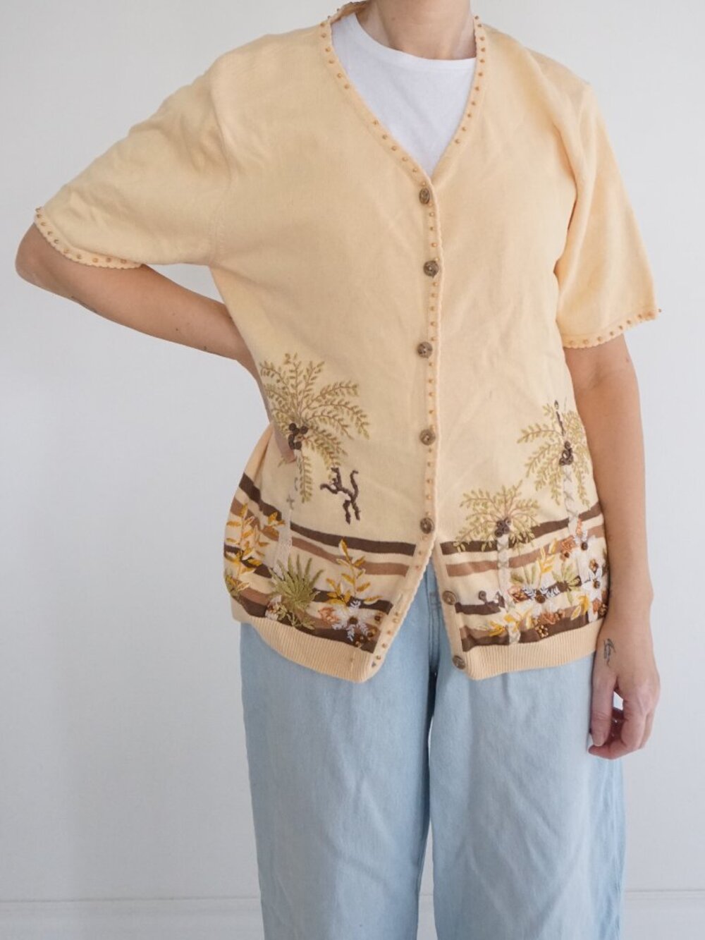 Vintage Alfred Dunner Butter Yellow Embroidered Floral Tropical Cardigan L